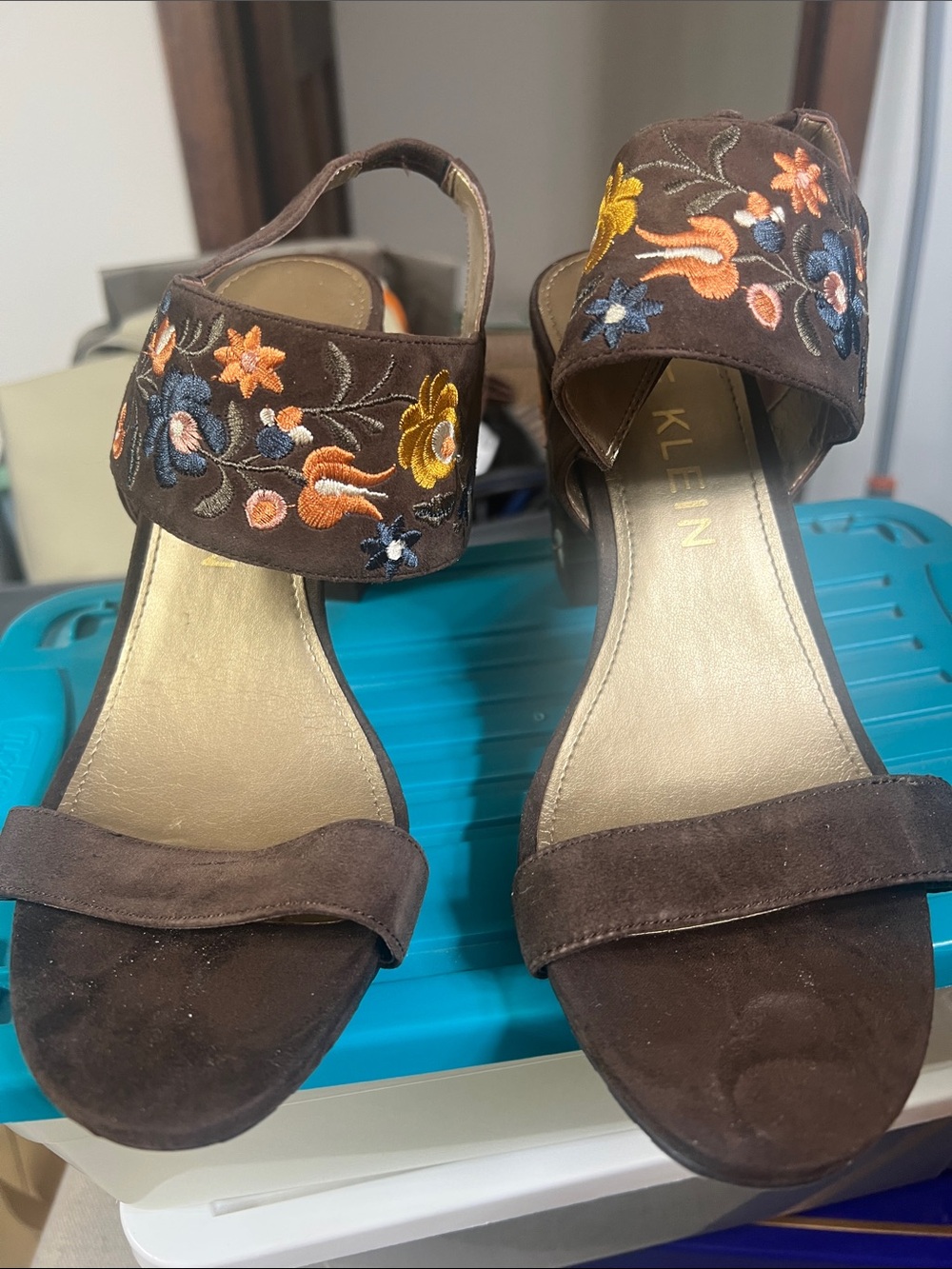 Anne Klein Brown Embroidered Suede Block Heel Sandals - Brown